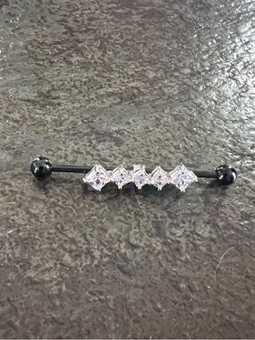 Black Industrial Barbell with Five Clear Gem Accents